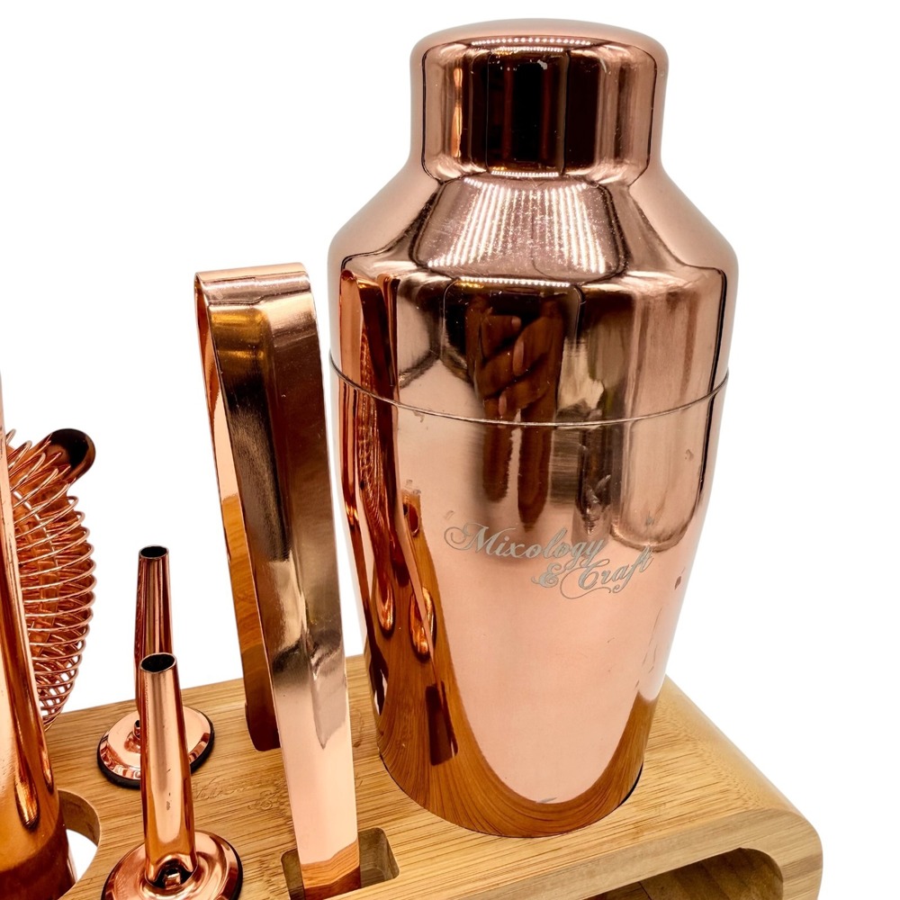 Mixology & Craft Bar‎ Set 10-Piece Rose Gold Cocktail Shaker Kit Bamboo Stand - Picture 3 of 10
